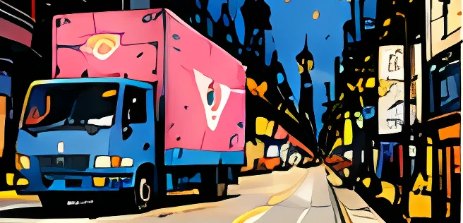 Ilustración de vehículo de reparto Envíos Urbanos en una ciudad.