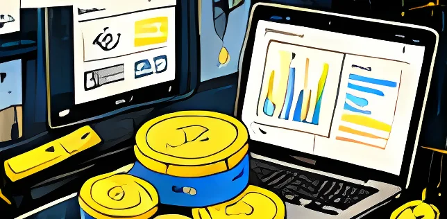 Ilustración de panel financiero y monedas para Makifi.