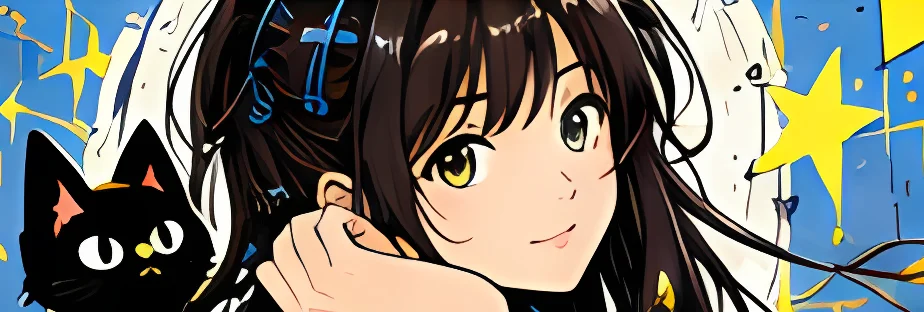 Ilustración de Yuka y un gato negro sobre un fondo azul.